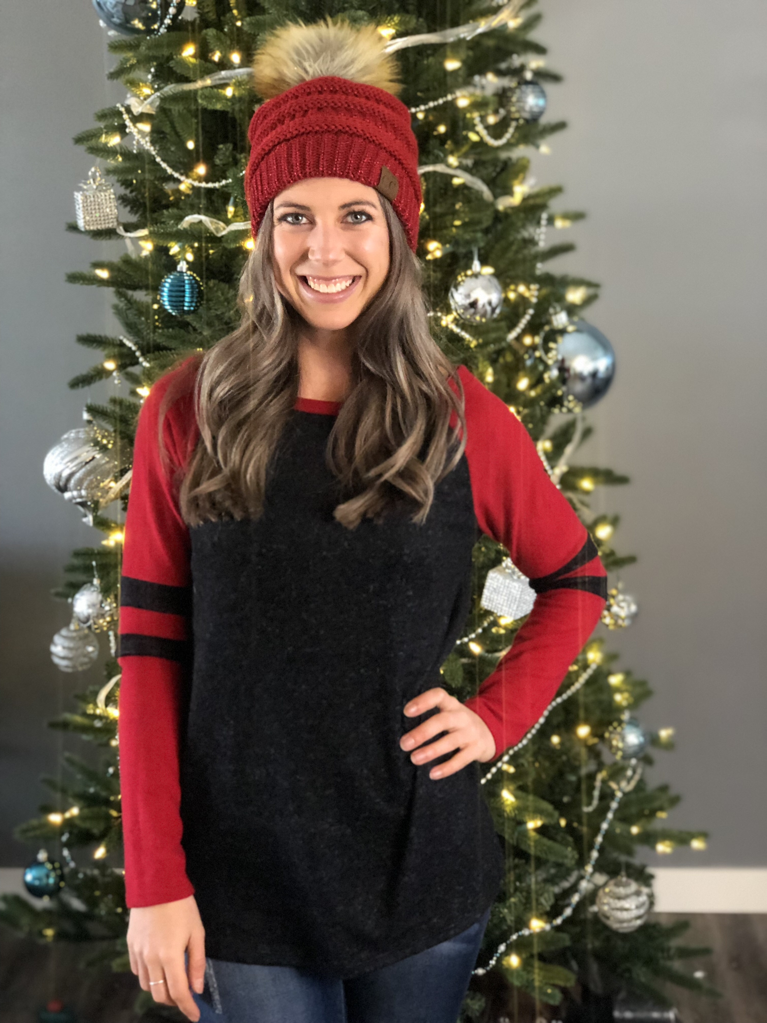 Raglin Sleeve Sweater - Red Black 226655
