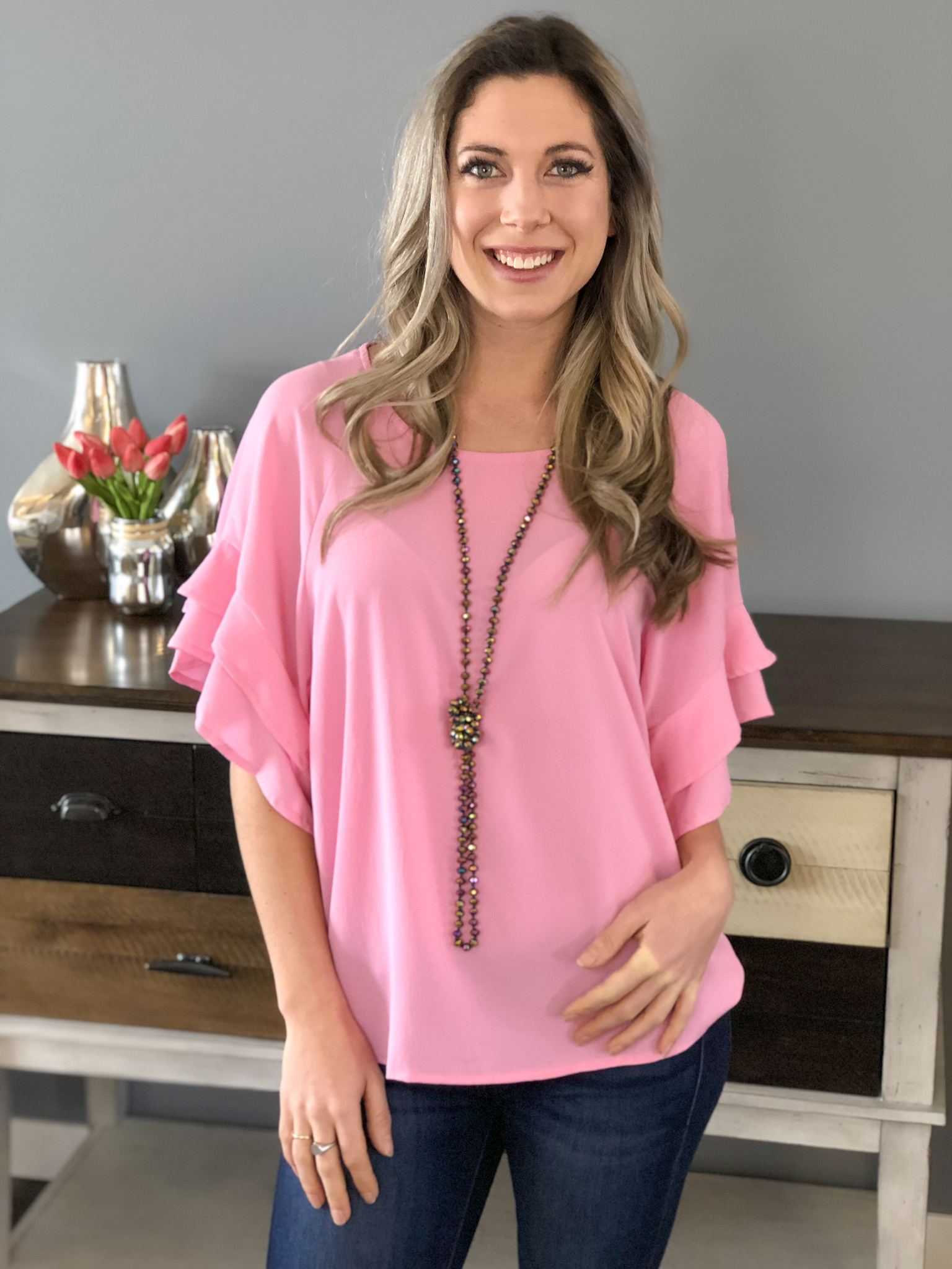 The Kelowna Shift Ruffle Top - Bubblegum 81710