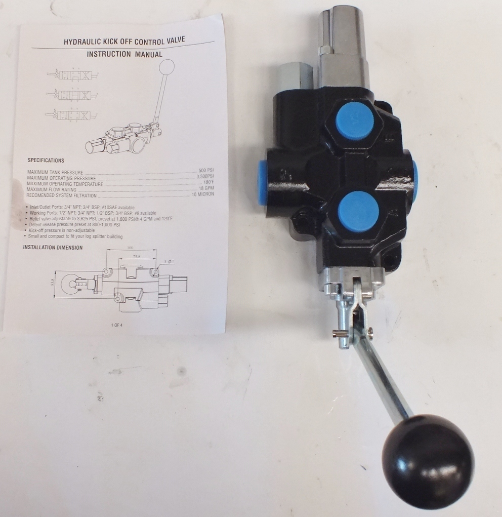 WOOD LOGSPLITTER CONTROL VALVE 80LPM SPRING CENTRE / HYDRAULIC KICK OFF