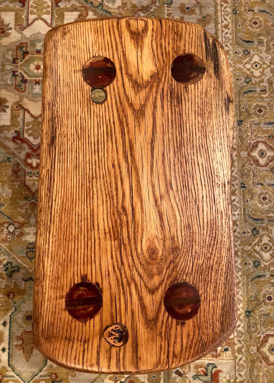 Jerry Poole Small Oak Bench With Embedded Indian Head Nickel