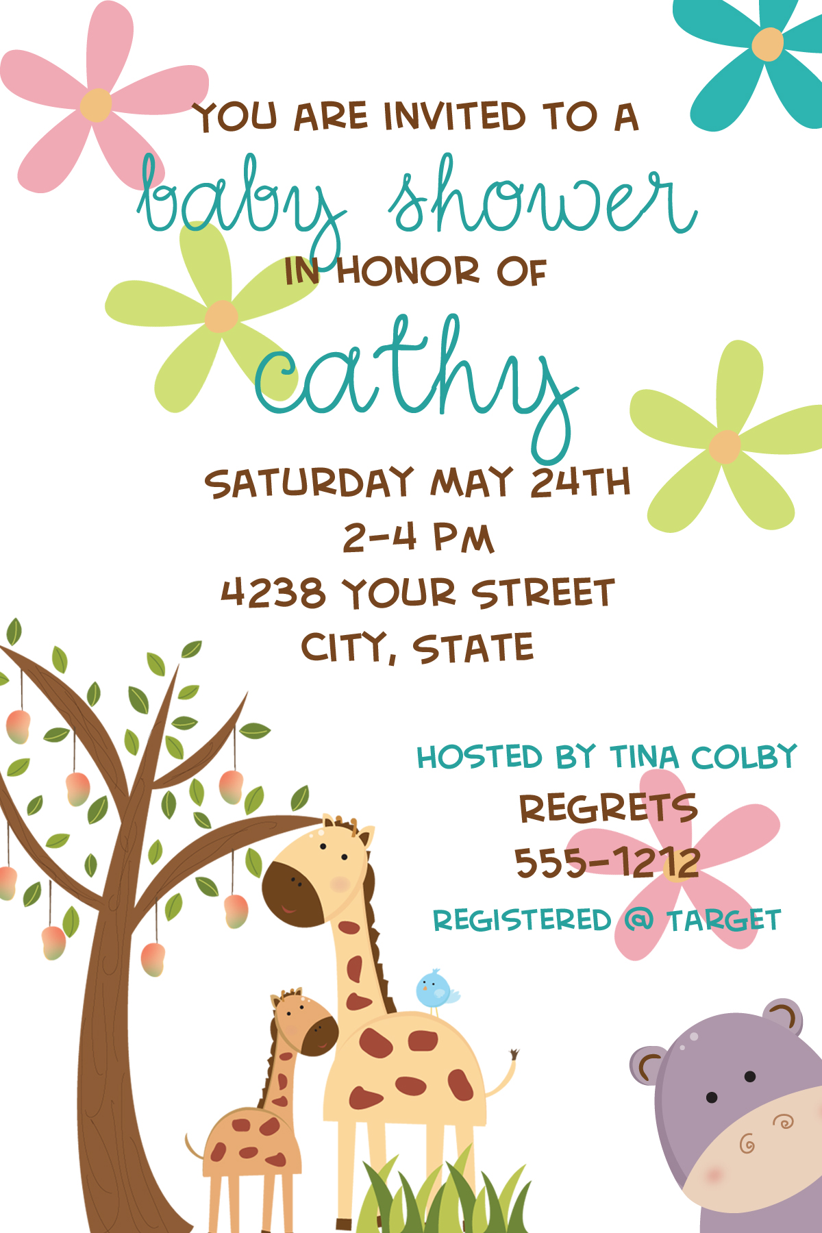 Giraffe Hippo Baby Shower Invitation Digital File