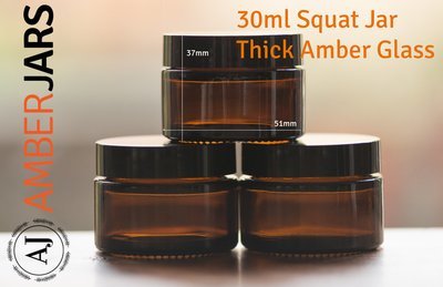 30ml Amber Glass SQUAT Jar with Black Wadded Lid 30ml Amber Glass SQUAT Jar with Black Wadded Lid