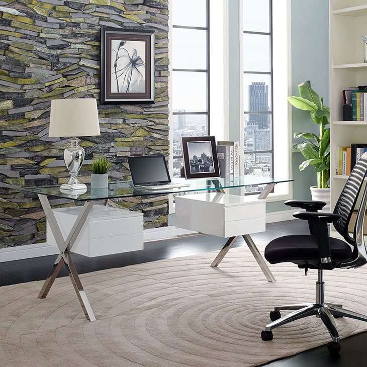 Find modern home furnishings for your home office that help keep you productive. Purchase the Insight Office Desk for its tempered glass top, two storage drawers, and sleek metal frame. This sleek, sharp design inspires focus.