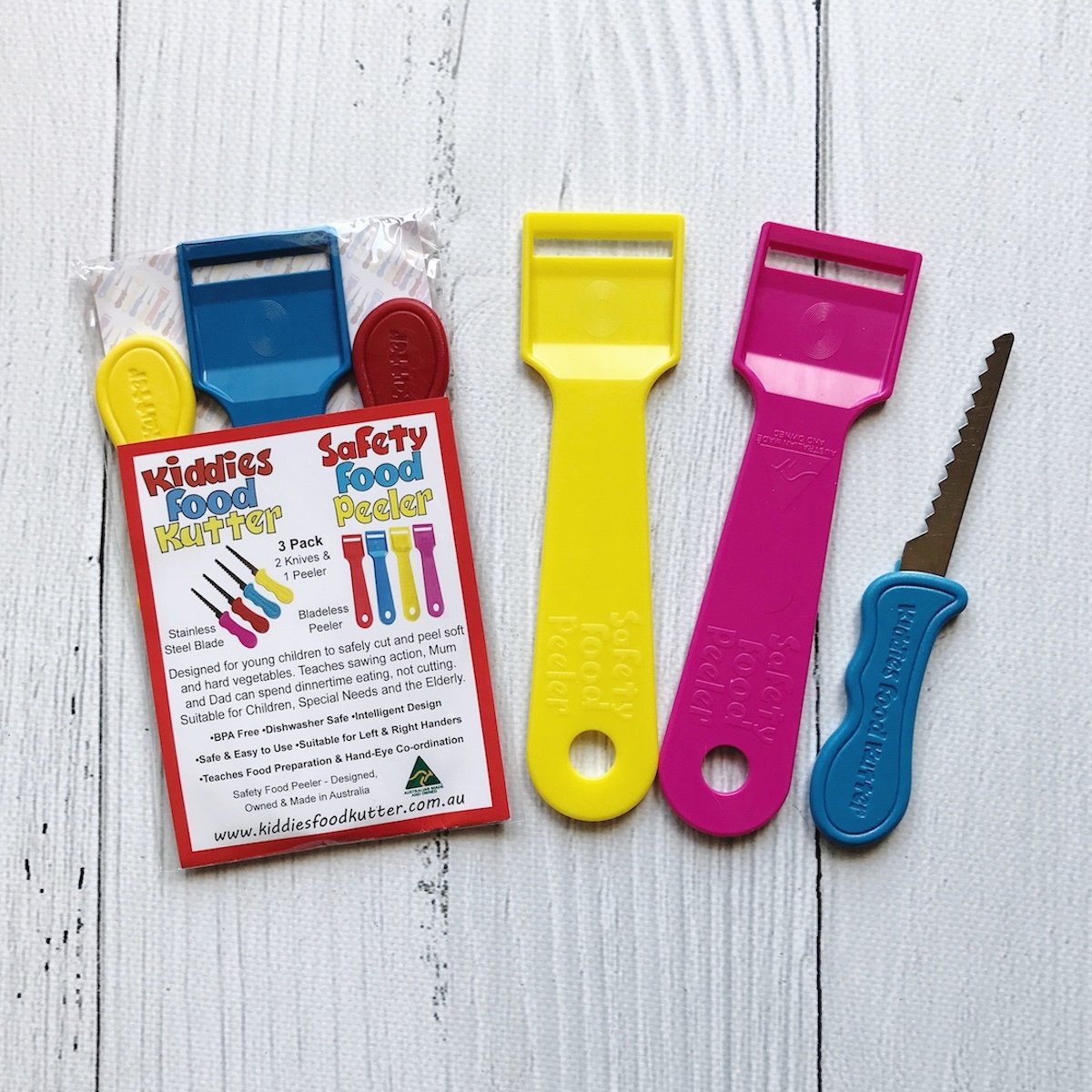 3 Pack - Kiddies Food Kutter & Safety Food Peeler 3 Pack Mixed