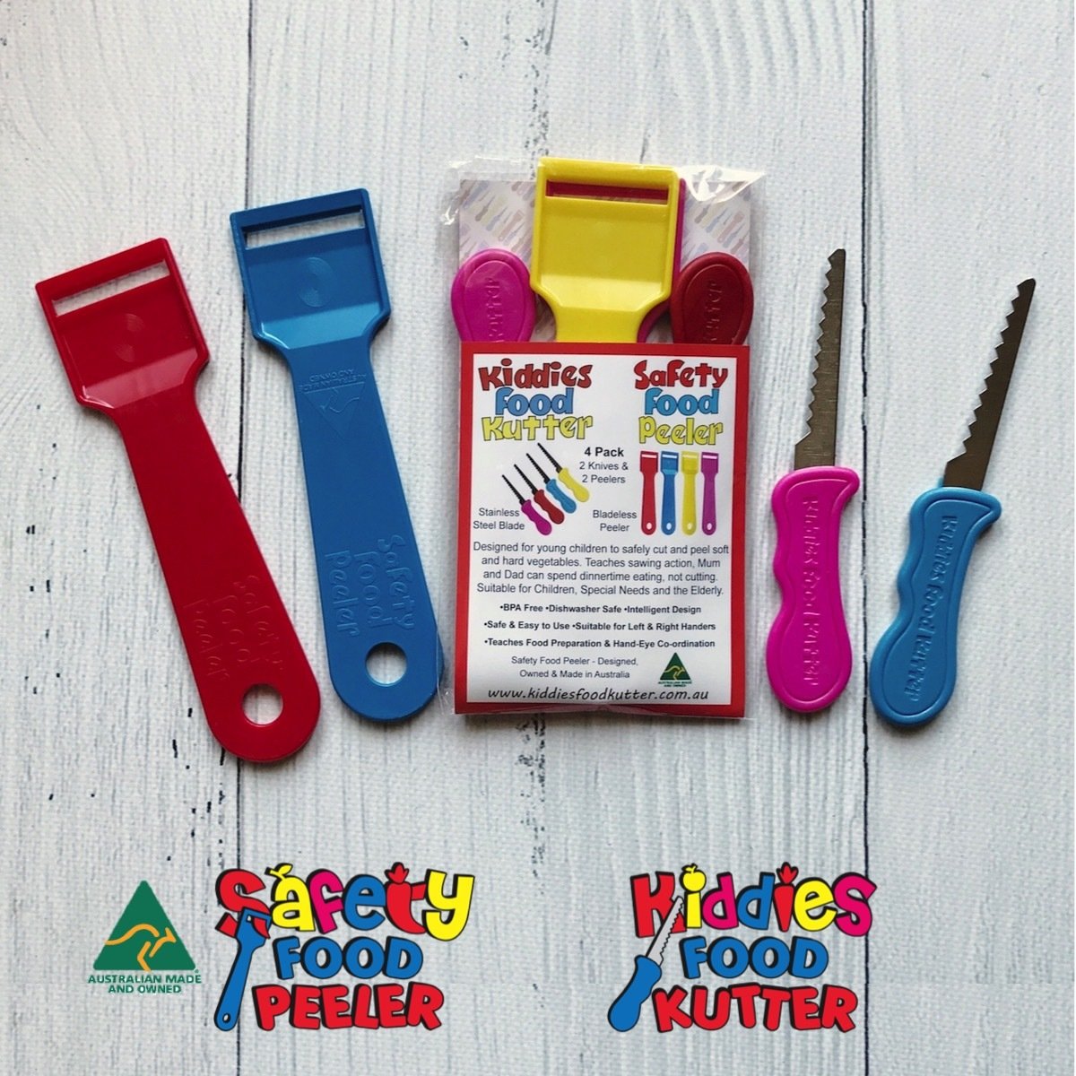 4 Pack - 2 x Kiddies Food Kutters PLUS 2 x Safety Food Peelers 4 Pack Mixed