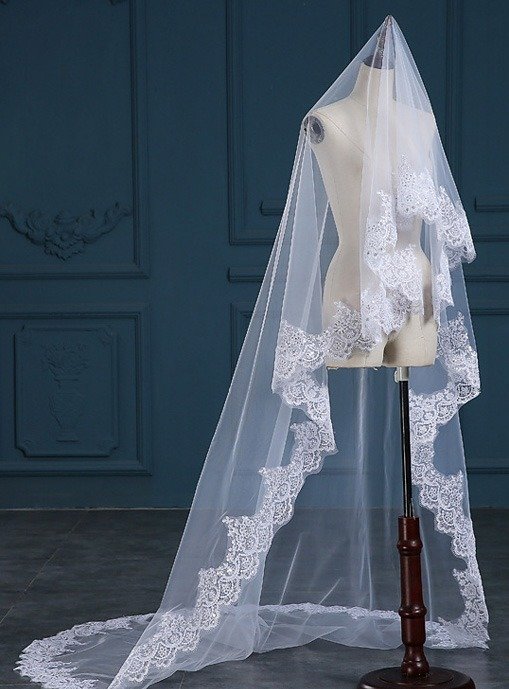 One Layer Long Tulle Lace Bridal Veil With Comb