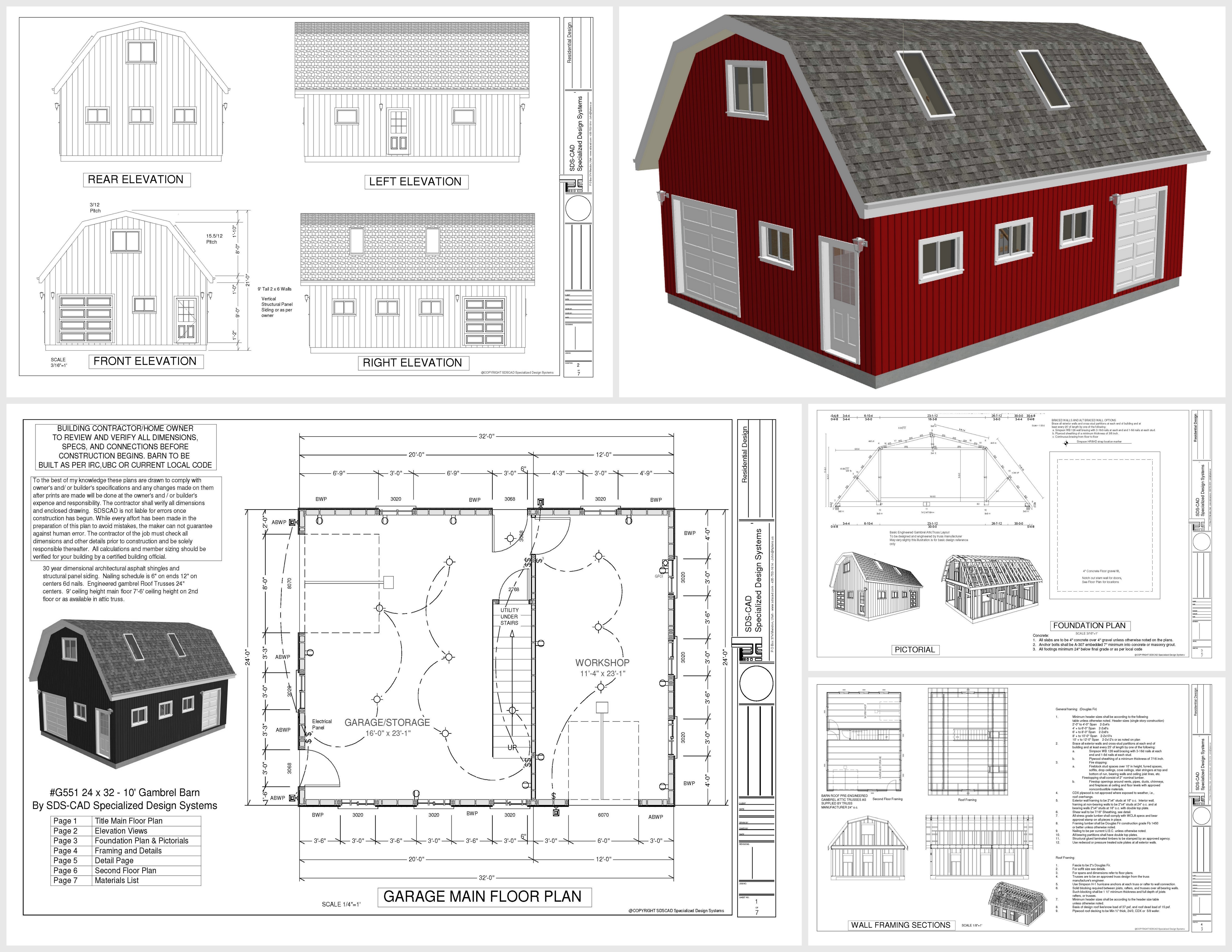 G551 24 X 32 X 10 Gambrel Barn Plans With Loft In Pdf And Dwg