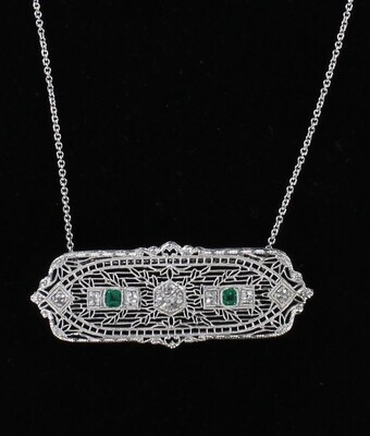 14KTW EMERALD AND DIAMOND FILAGREE PENDANT 14KTW EMERALD AND DIAMOND FILAGREE PENDANT