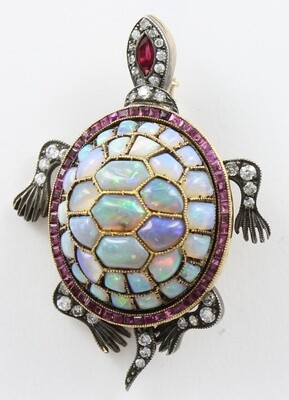 18KT AND SILVER OPAL/DIAMOND/RUBY TURTLE PIN 18KT AND SILVER OPAL/DIAMOND/RUBY TURTLE PIN