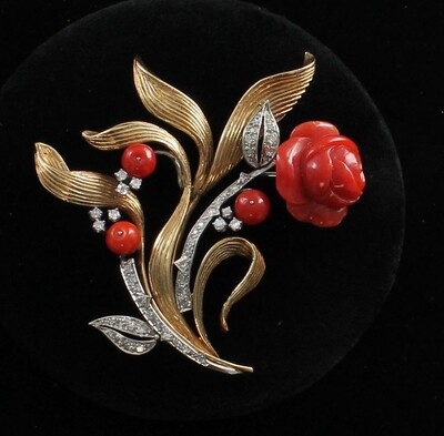 14KT RED CORAL AND DIAMOND PIN CIRCA 1930 14KT RED CORAL AND DIAMOND PIN CIRCA 1930