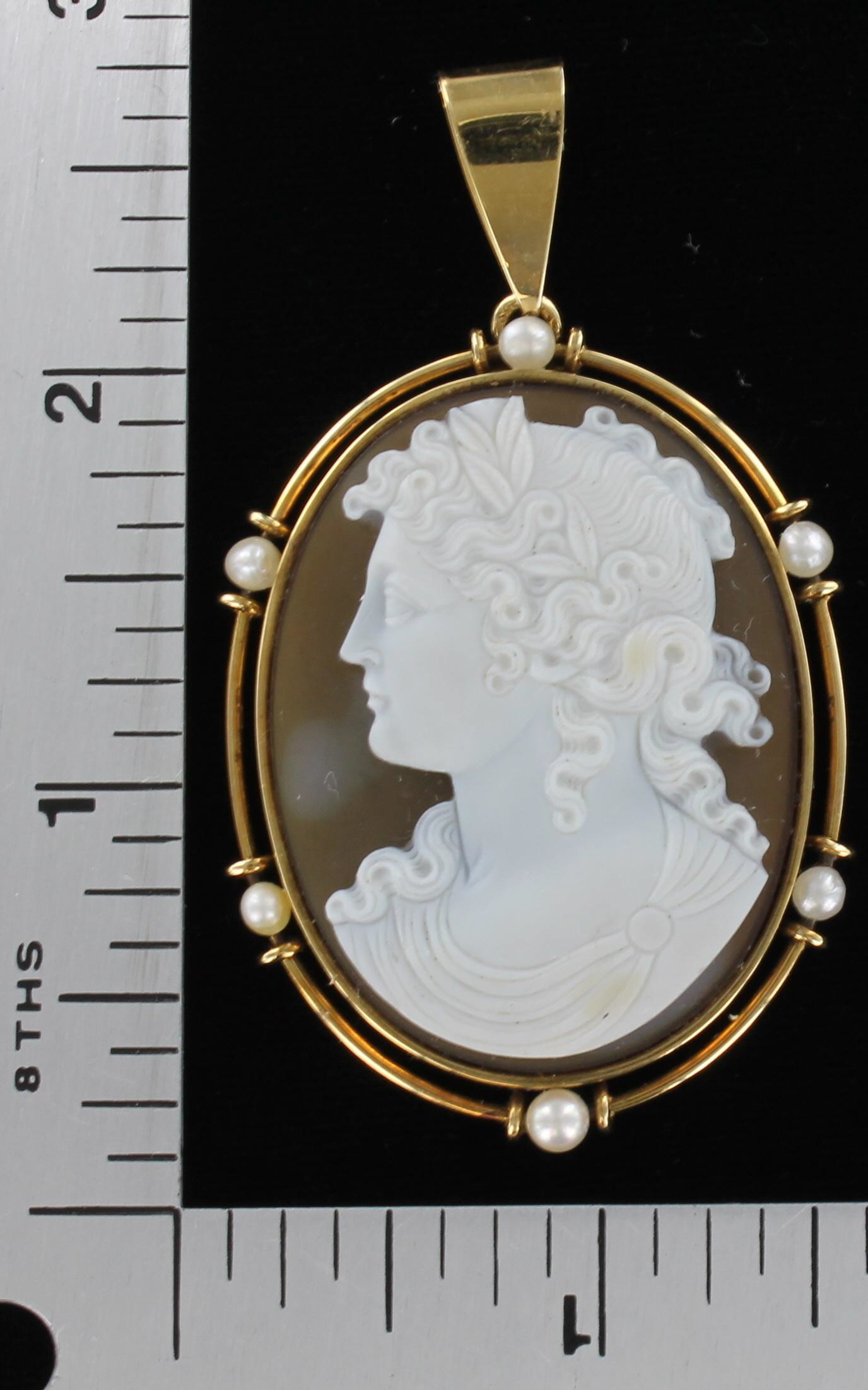 14KT AGATE & SHELL CAMEO WITH PEARLS 1920