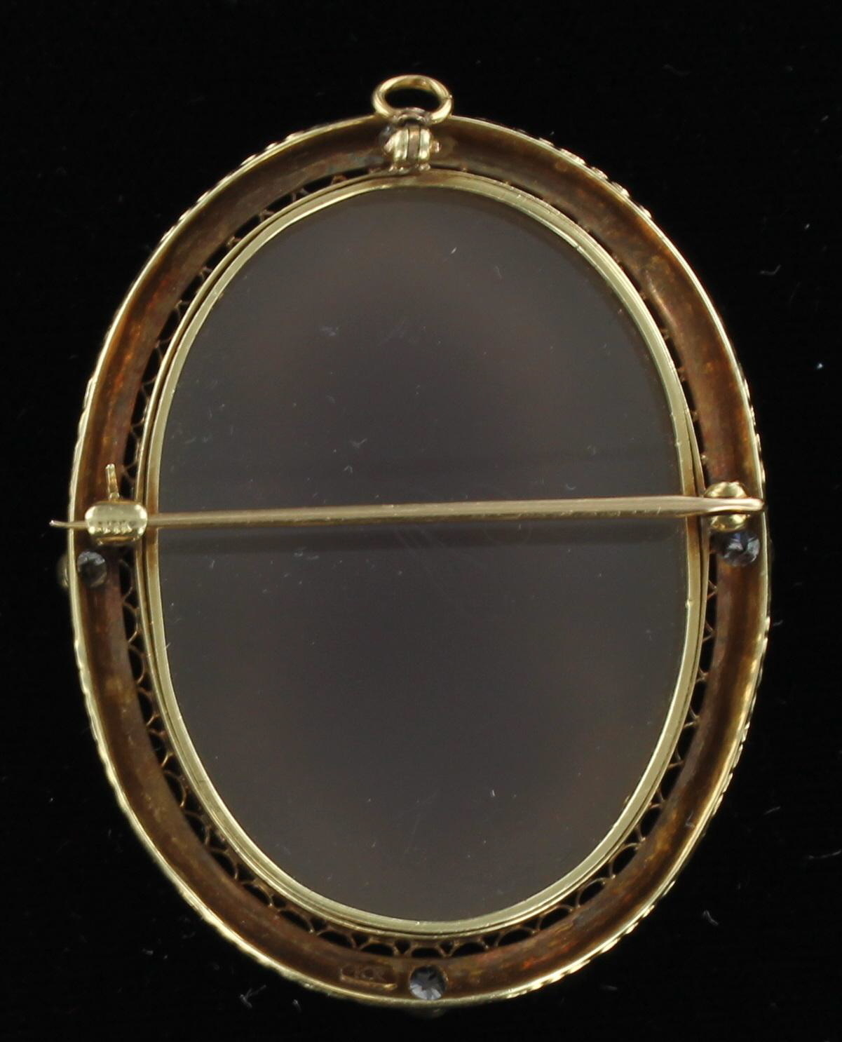 14KT AGATE & SHELL CAMEO WITH DIAMONDS 1900