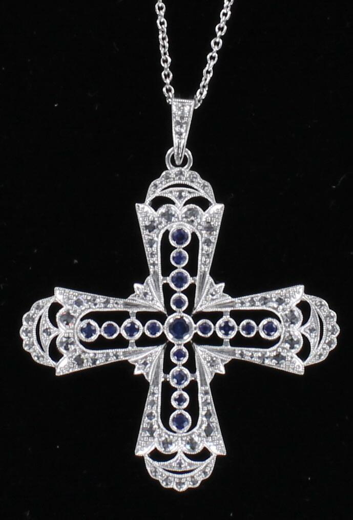 14KT CROSS WITH SAPPHIRES AND DIAMONDS