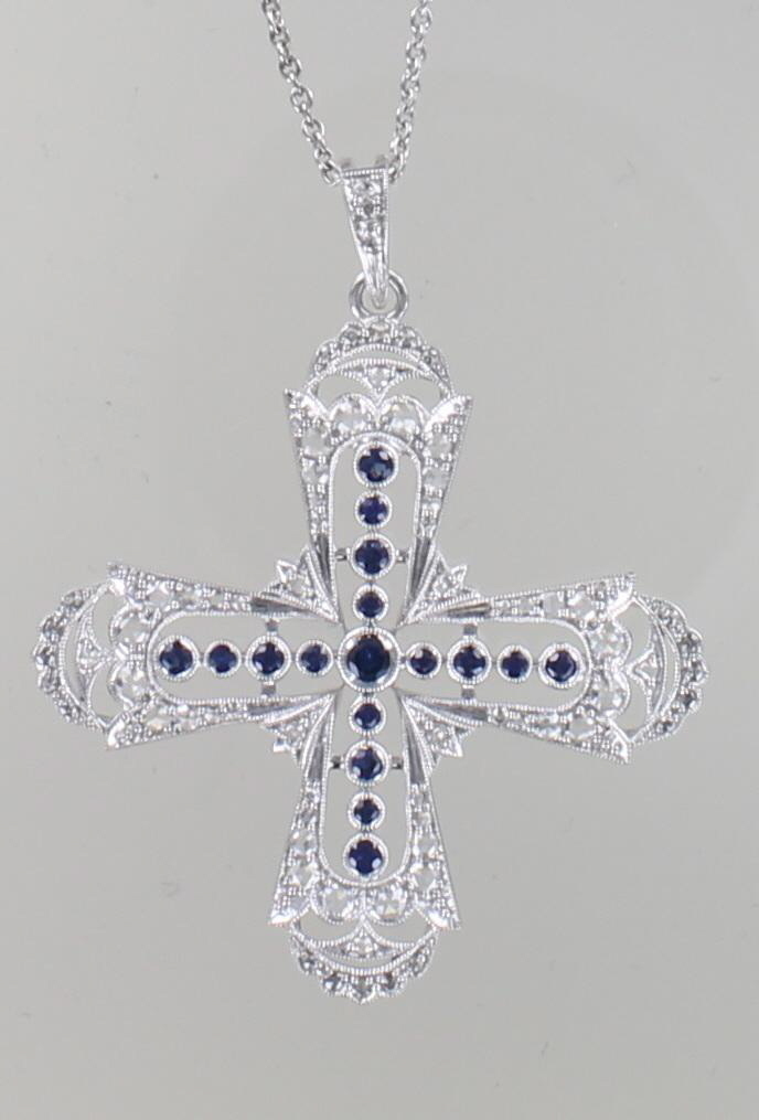 14KT CROSS WITH SAPPHIRES AND DIAMONDS