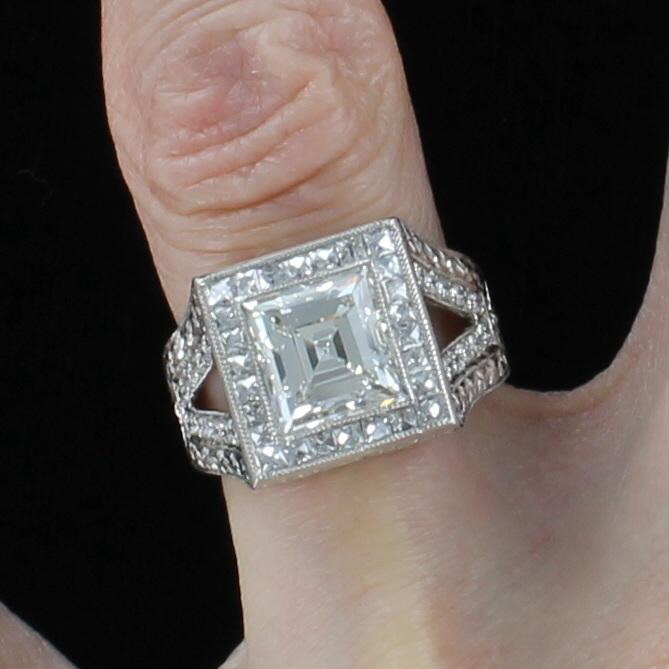 PLATINUM 3.11 CT ASSCHER CUT DIAMOND RING CIRCA 1930