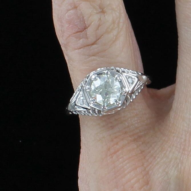 14KT .82 CT OLD EUROPEAN CUT DIAMOND ENGAGEMENT RING CIRCA 1920