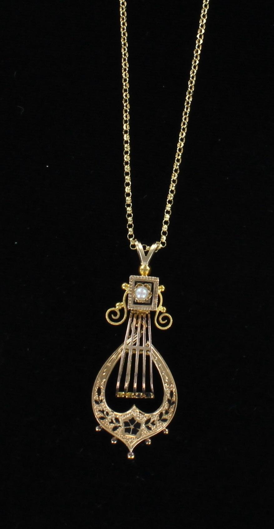 14KT ENAMEL AND PEARL LAVALIER CIRCA 1920 198-23024