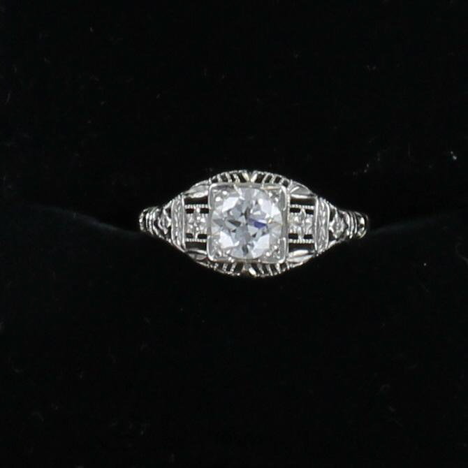 18KTW .75 CT OLD EUROPEAN CUT DIAMOND FILAGREE RING CIRCA 1920