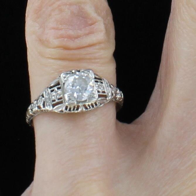 18KTW .75 CT OLD EUROPEAN CUT DIAMOND FILAGREE RING CIRCA 1920