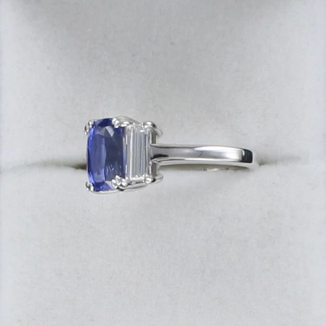 PLATINUM 2.45 CT CUSHION CUT SAPPHIRE AND DIAMOND RING