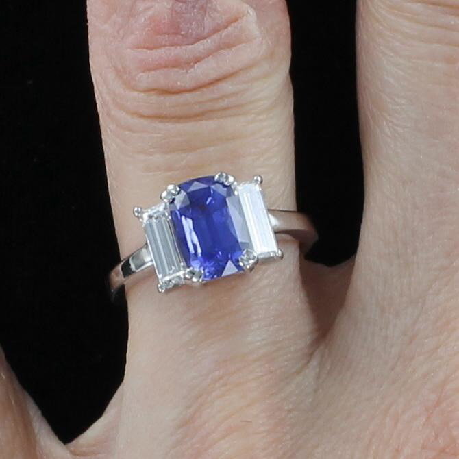 PLATINUM 2.45 CT CUSHION CUT SAPPHIRE AND DIAMOND RING