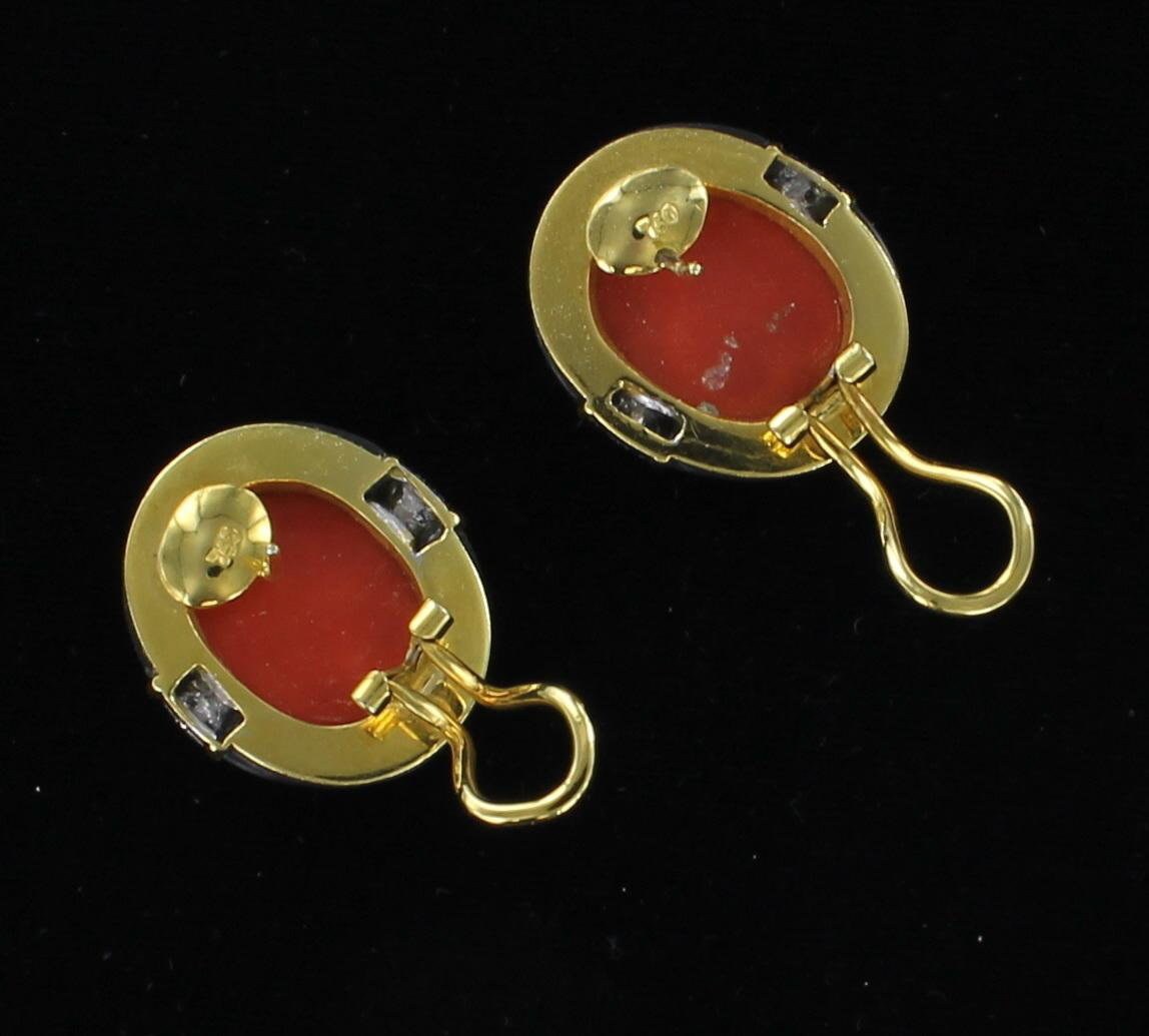 18KT CORAL, ONYX AND DIAMOND EARRINGS