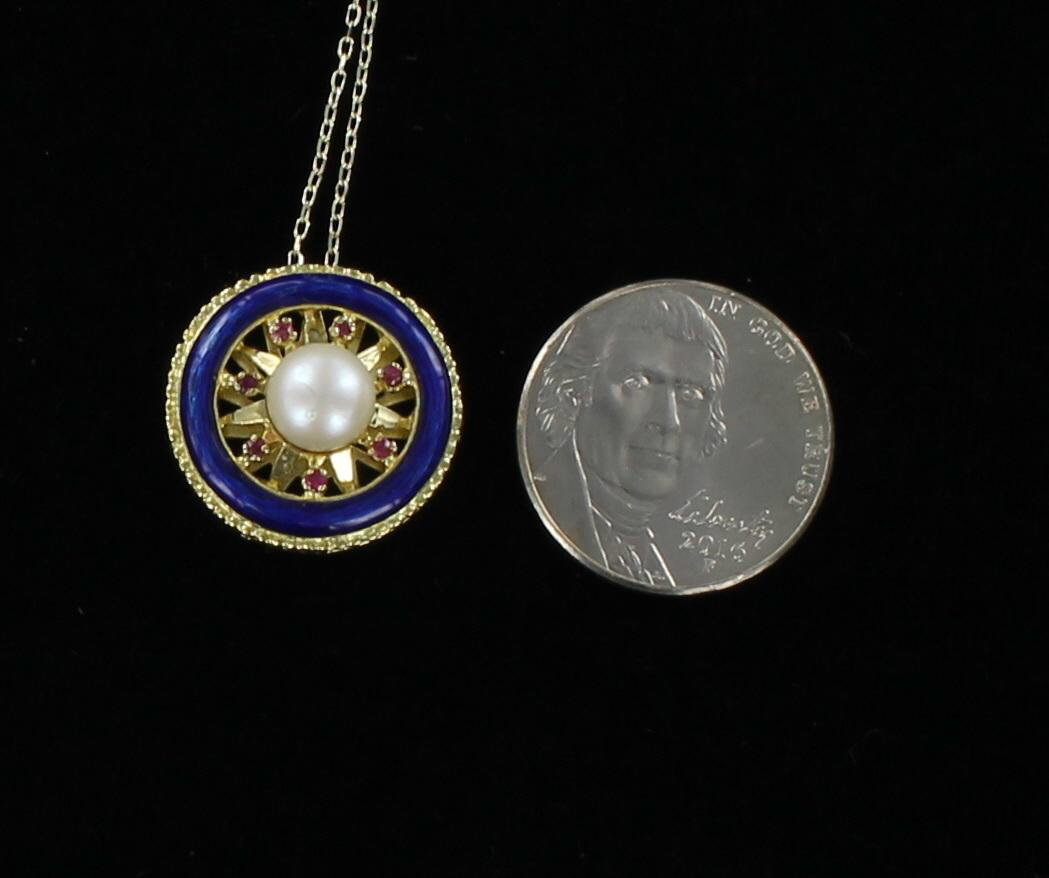 18KT PEARL, RUBY AND ENAMEL PENDANT