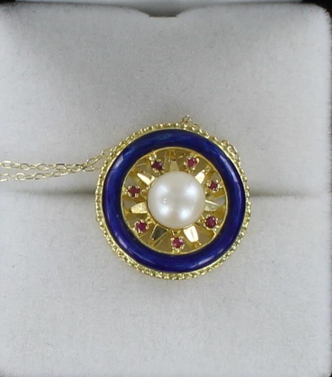 18KT PEARL, RUBY AND ENAMEL PENDANT