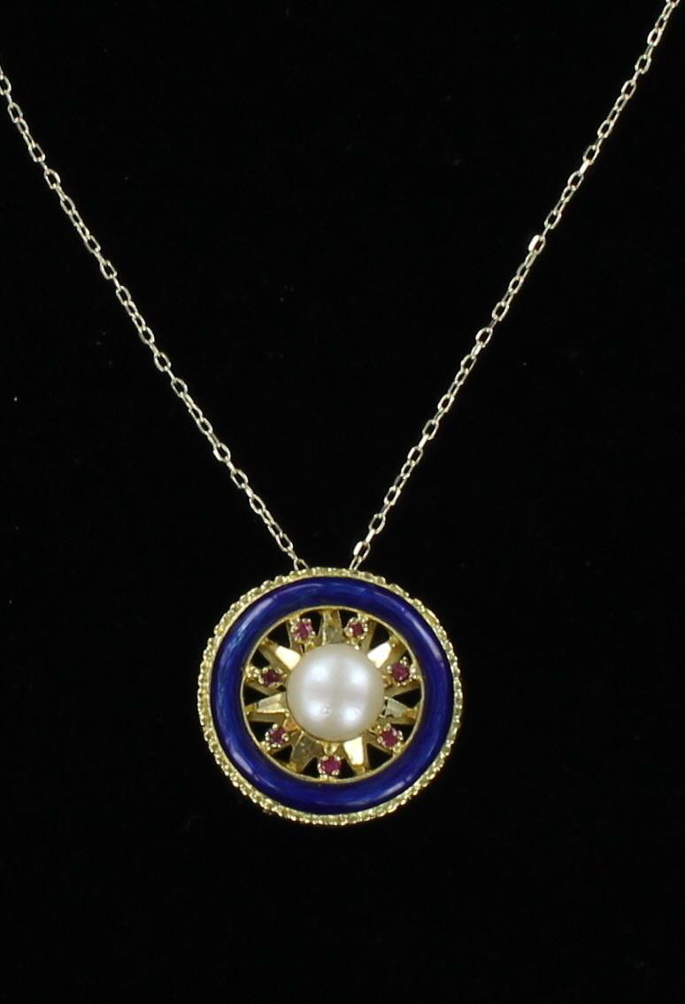 18KT PEARL, RUBY AND ENAMEL PENDANT 099-1684