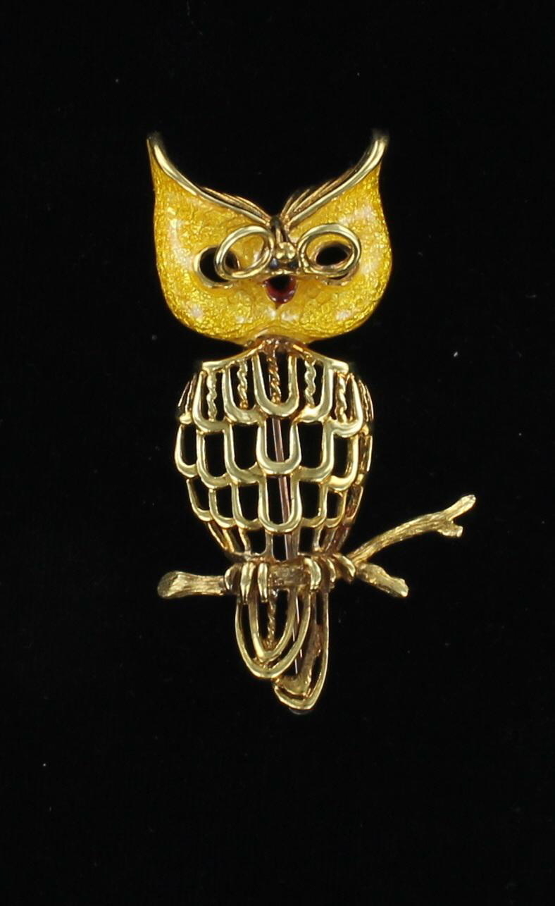 18KT ENAMEL OWL PIN 101-2883