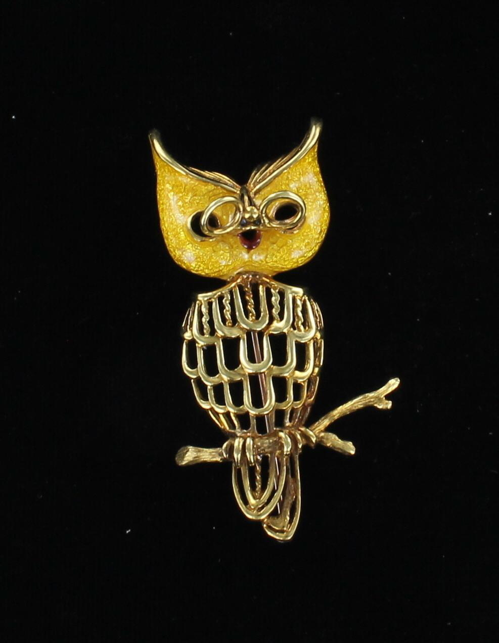 18KT ENAMEL OWL PIN