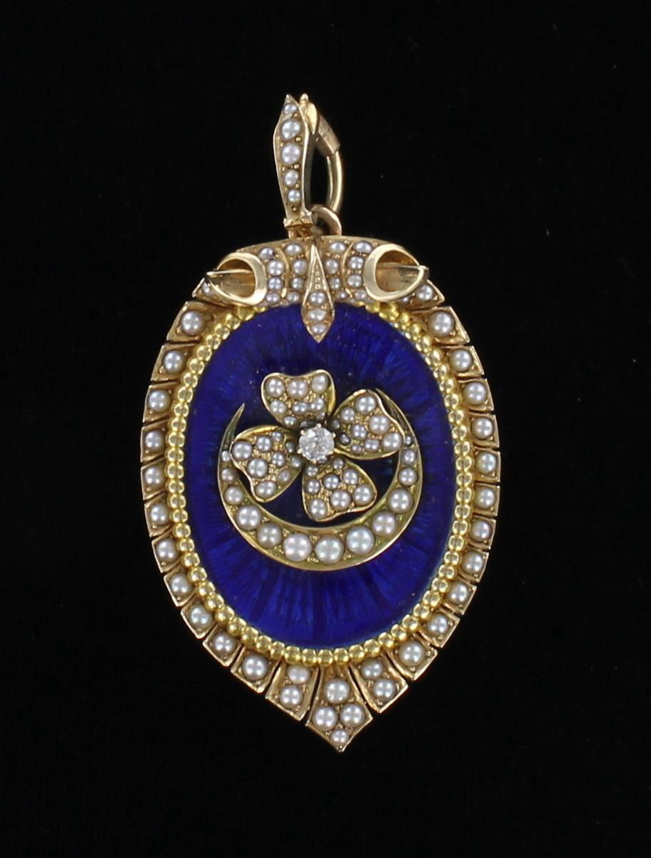 14KT ENAMEL SEED PEARL LOCKET/PIN/PENDANT CIRCA 1900 099-1675