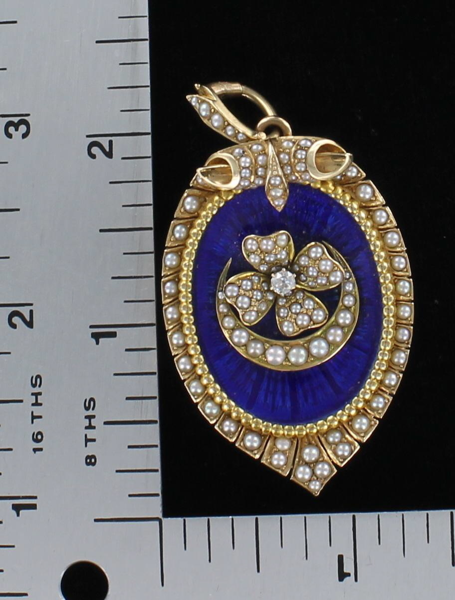 14KT ENAMEL SEED PEARL LOCKET/PIN/PENDANT CIRCA 1900