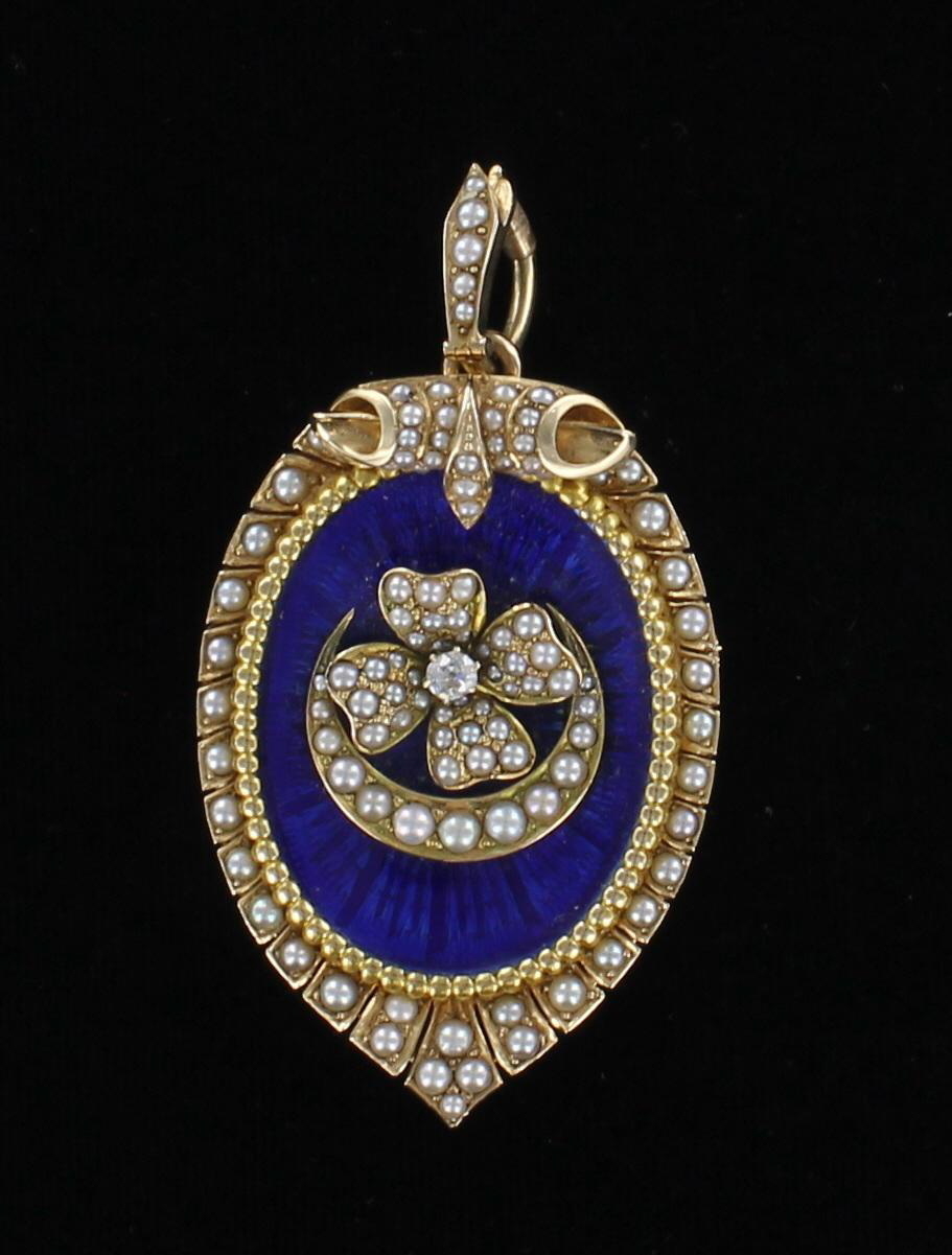 14KT ENAMEL SEED PEARL LOCKET/PIN/PENDANT CIRCA 1900