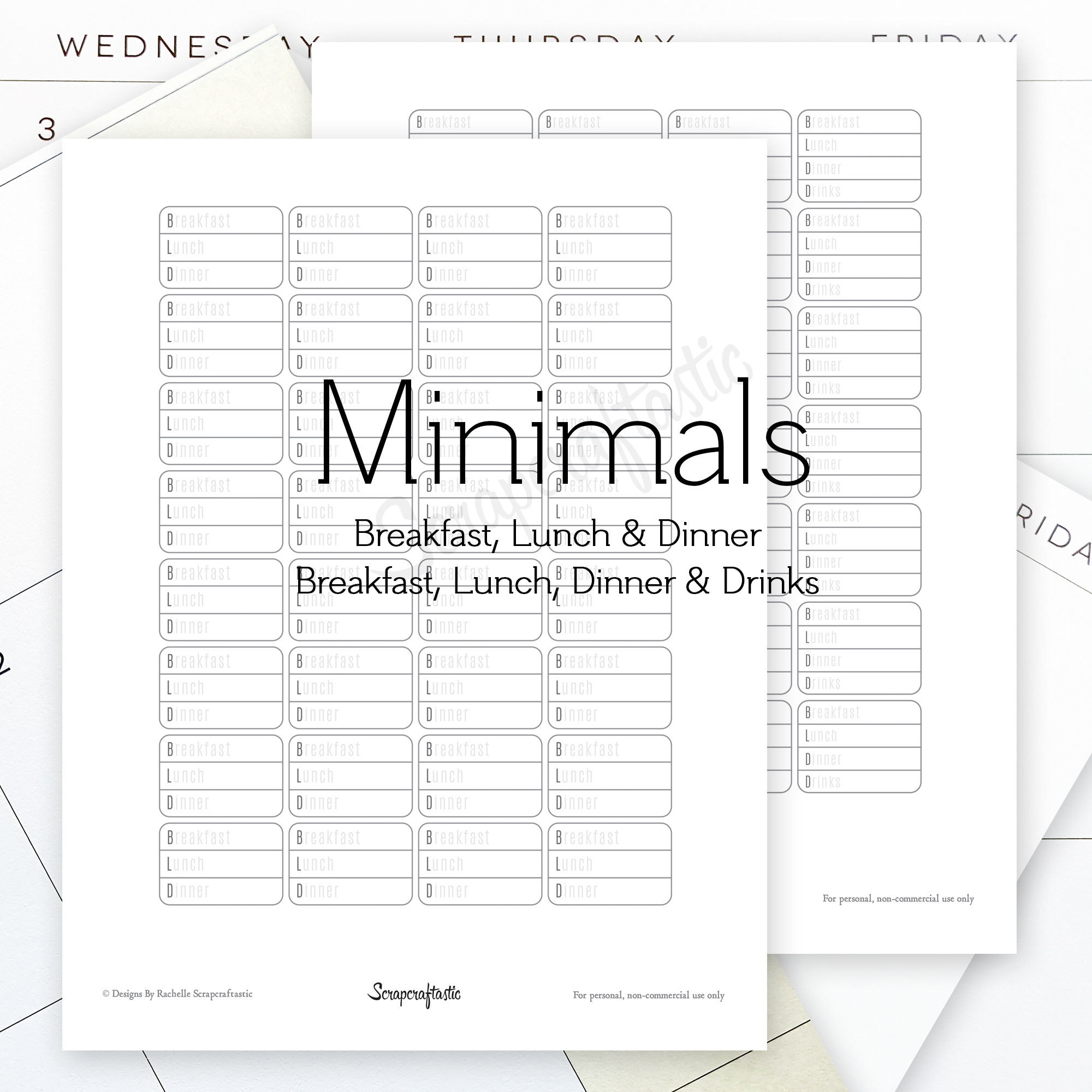 Breakfast, Lunch, Dinner (BLD) and Breakfast, Lunch, Dinner, Drinks (BLDD) Minimals Printable Planner Stickers for MAMBI Happy Planner 00145