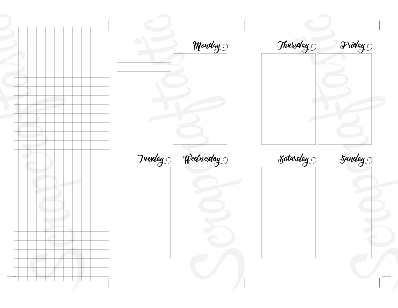 Vertical Style (Vertical Days) Week On Two Pages Personal Size with Grid Tip-In Traveler's Notebook Printable Planner Inserts Undated