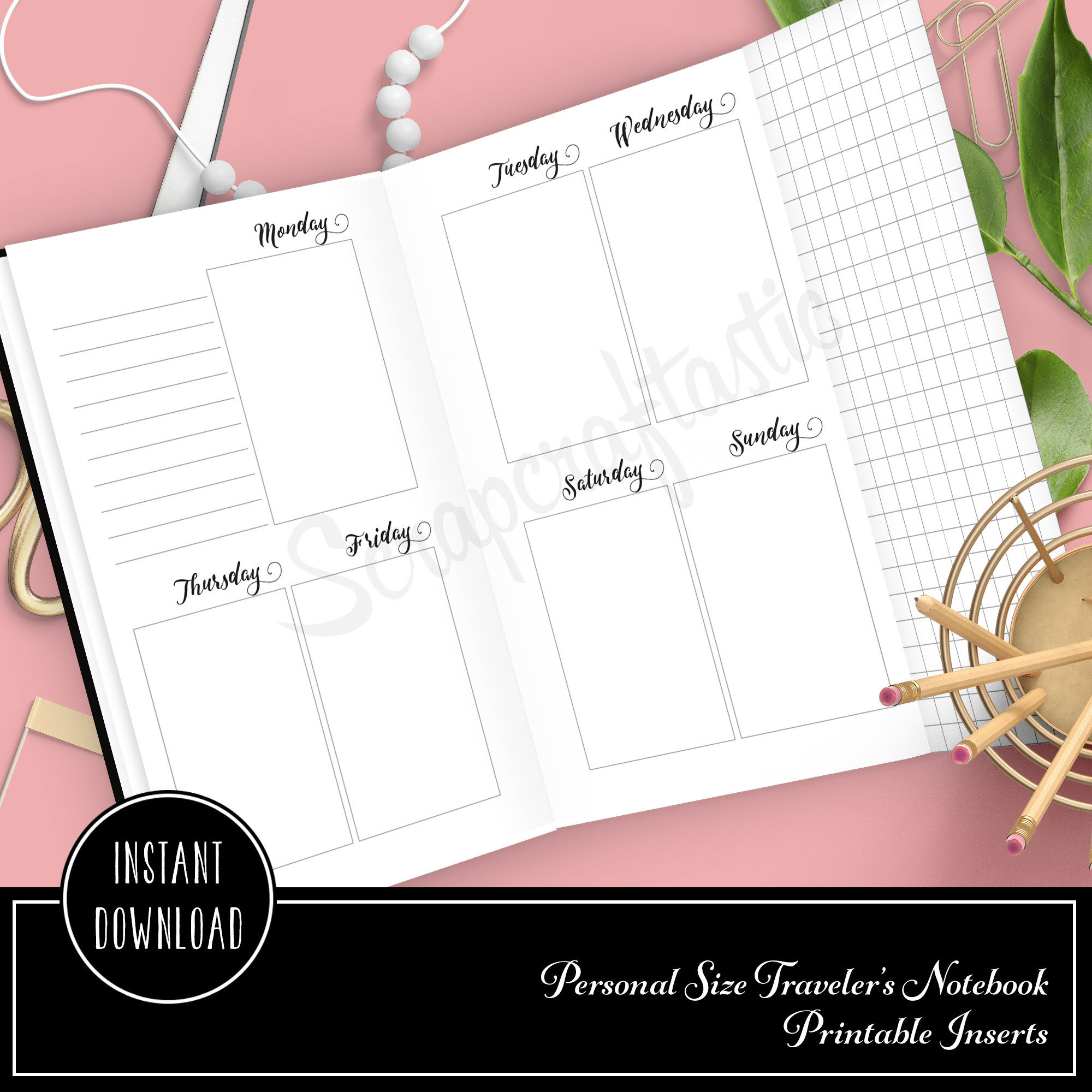 Vertical Style (Horizontal Days) Week On Two Pages Personal Size with Grid Tip-In Traveler's Notebook Printable Planner Inserts Undated 09008
