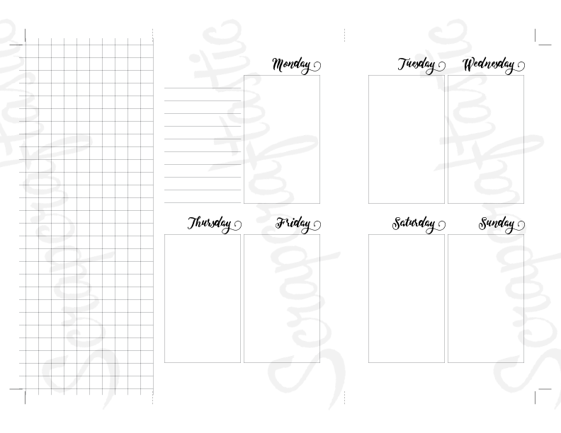 Vertical Style (Horizontal Days) Week On Two Pages Personal Size with Grid Tip-In Traveler's Notebook Printable Planner Inserts Undated