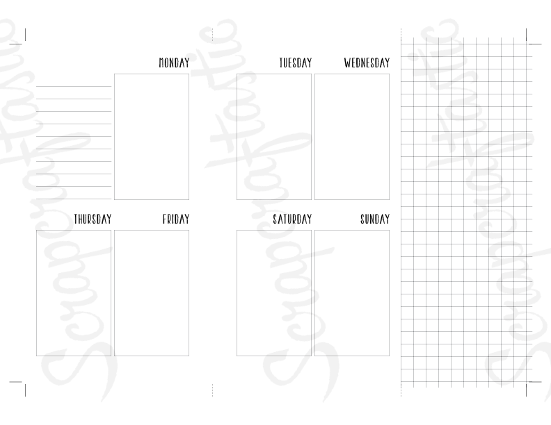 Vertical Style (Horizontal Days) Week On Two Pages Personal Size with Grid Tip-In Traveler's Notebook Printable Planner Inserts Undated