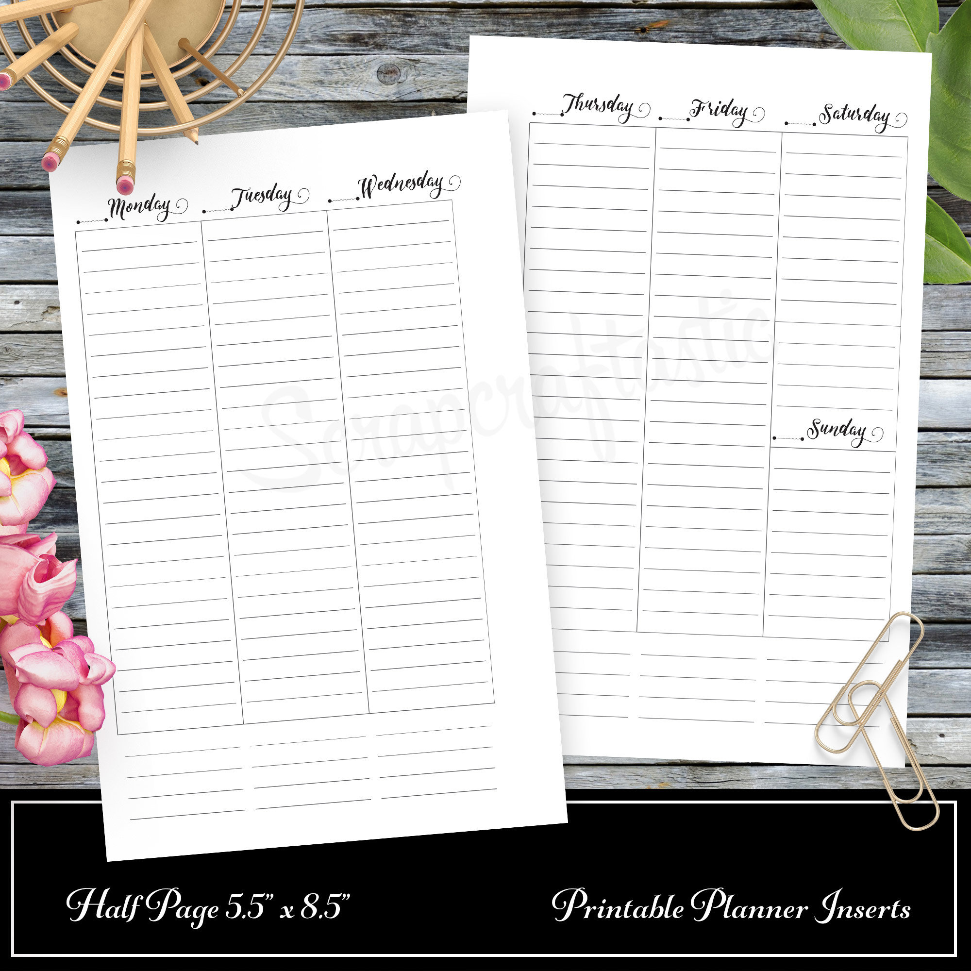 WO2P Column Lined Half Page Printable Planner Insert Refill Undated fits A5 Binder - Recollections, Filofax, Kikki K, Erin Condren width columns 00315