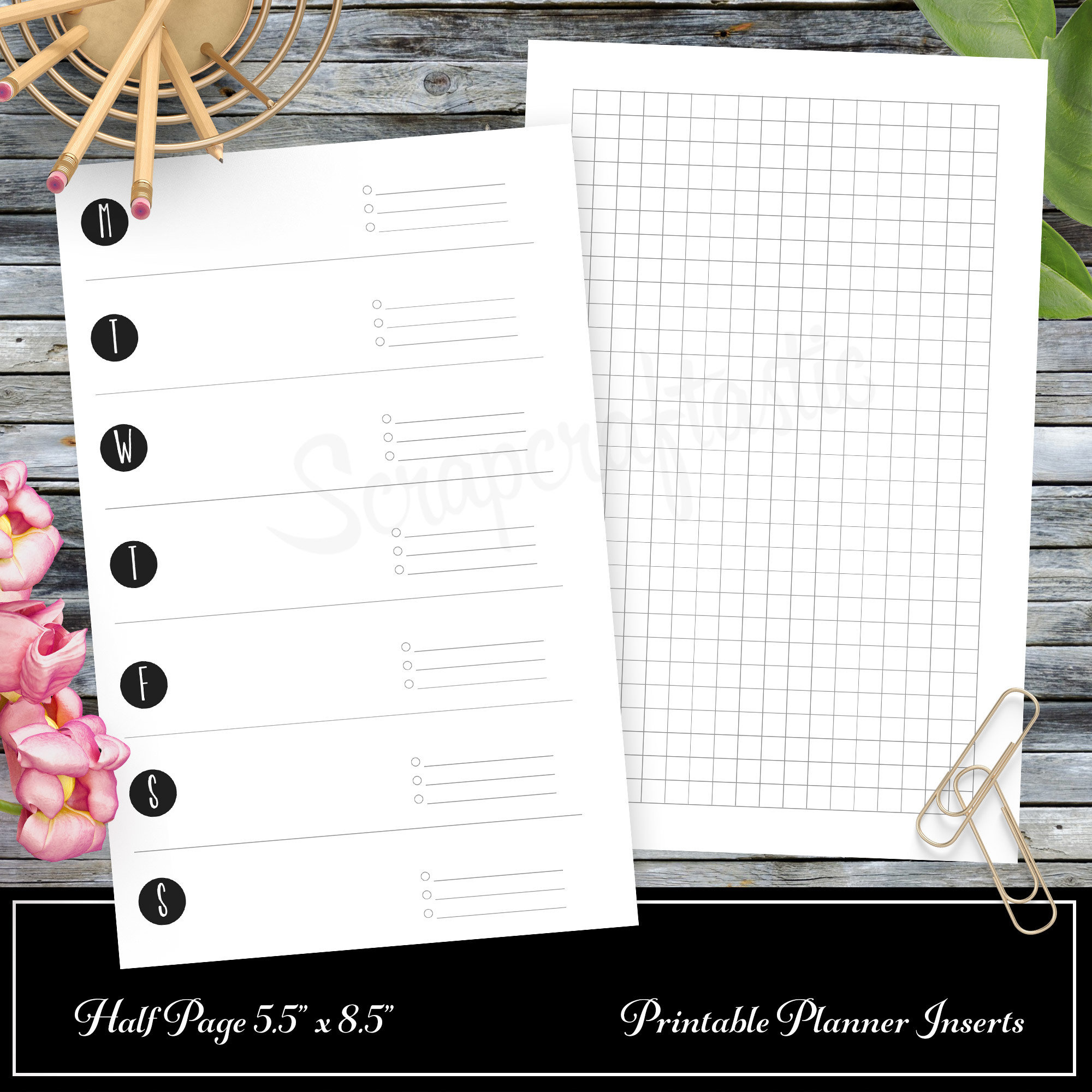 Week on One Page (WO1P) / Weekly Routine With Small Grid Printable Insert Refill Half Page (A5) Size - Filofax, Kikki K, ColorCrush 00302