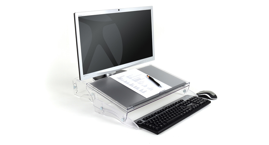 Der FlexDesk 640 wird zwischen Monitor und Tastatur positioniert. Der FlexDesk 640 wird zwischen Monitor und Tastatur positioniert.
