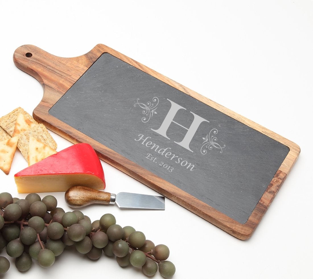 Personalized Cheese Board Slate and Acacia Wood 17 x 7 DESIGN 2 SCBA-002
