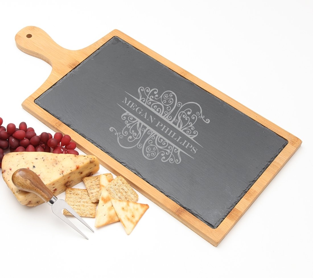 Personalized Cheese Board Slate and Bamboo Wood 19 x 9 DESIGN 4 SCBB-004