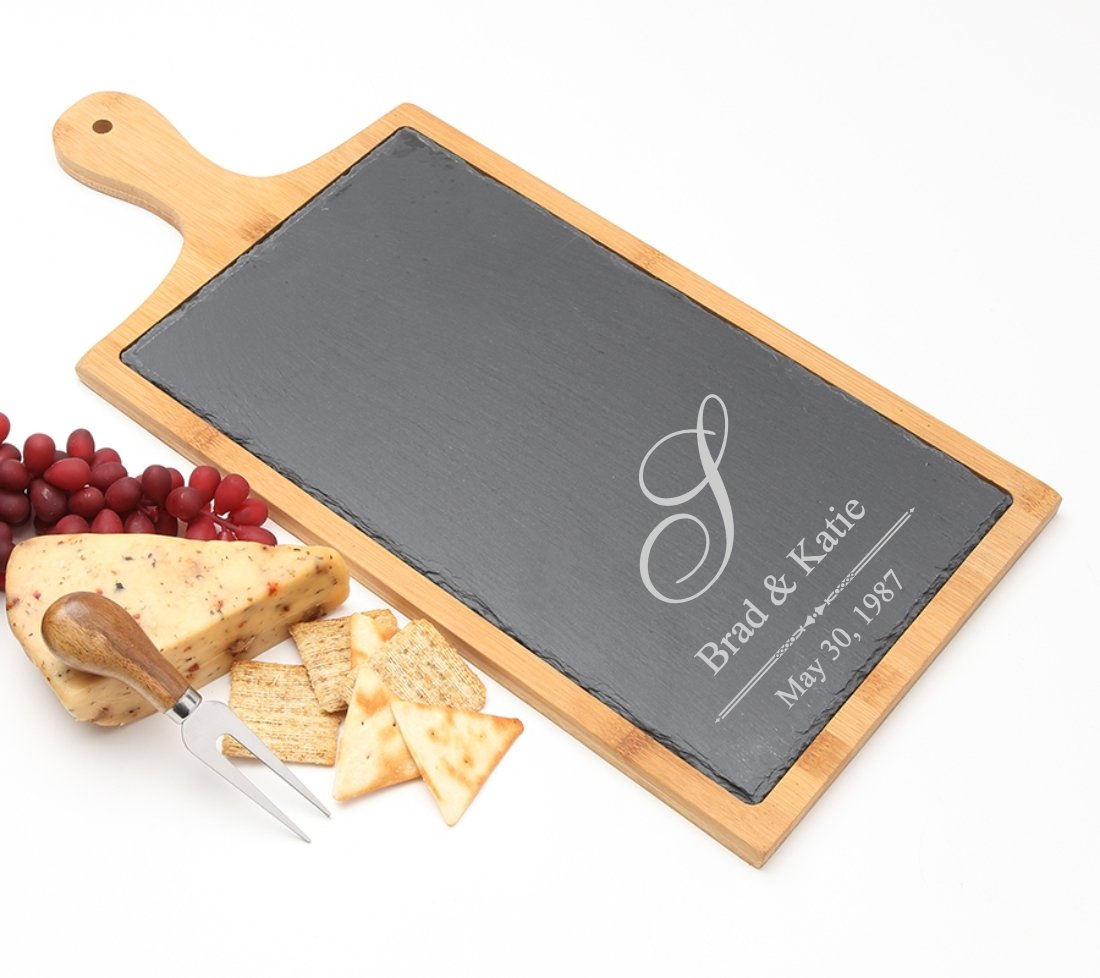 Personalized Cheese Board Slate and Bamboo Wood 19 x 9 DESIGN 11 SCBB-011