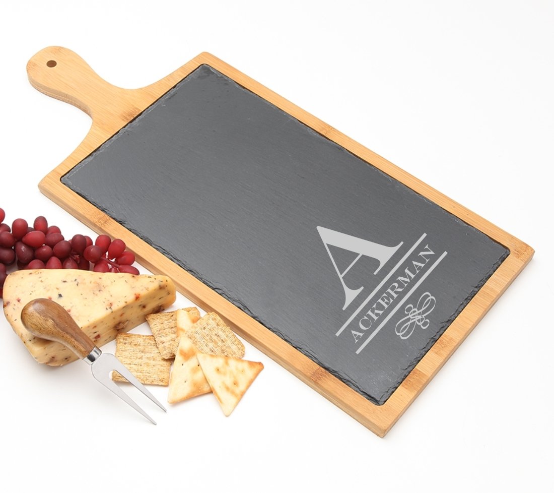 Personalized Cheese Board Slate and Bamboo Wood 19 x 9 DESIGN 12 SCBB-012