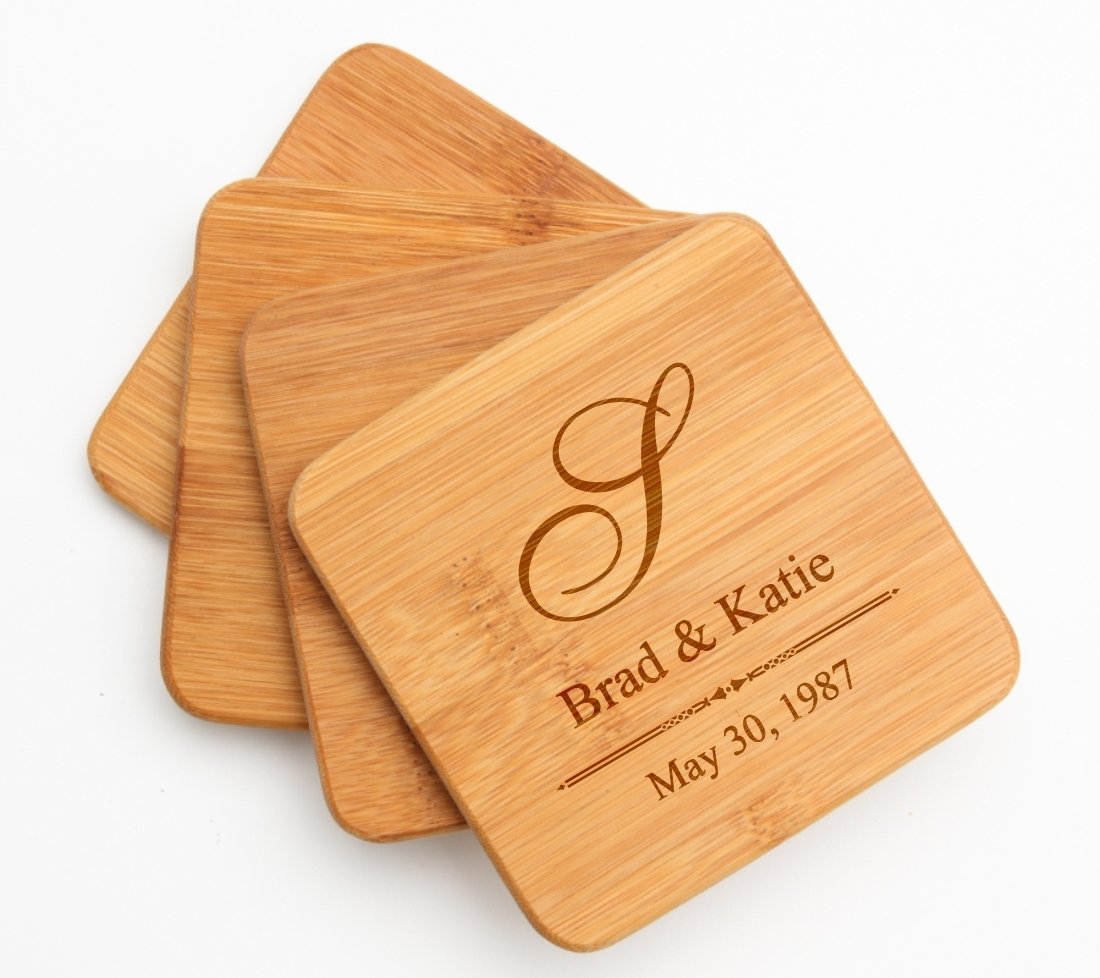 Engraved Bamboo Coaster Set