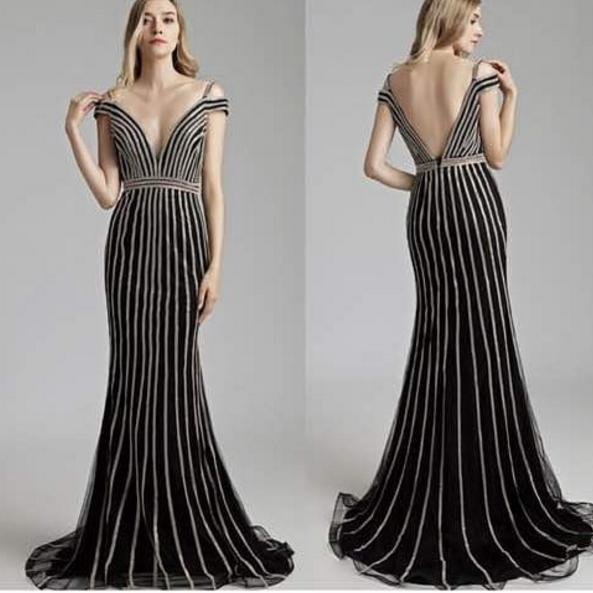 Luxury Deep V Neck Beaded Gold Silver Red Navy Long Prom