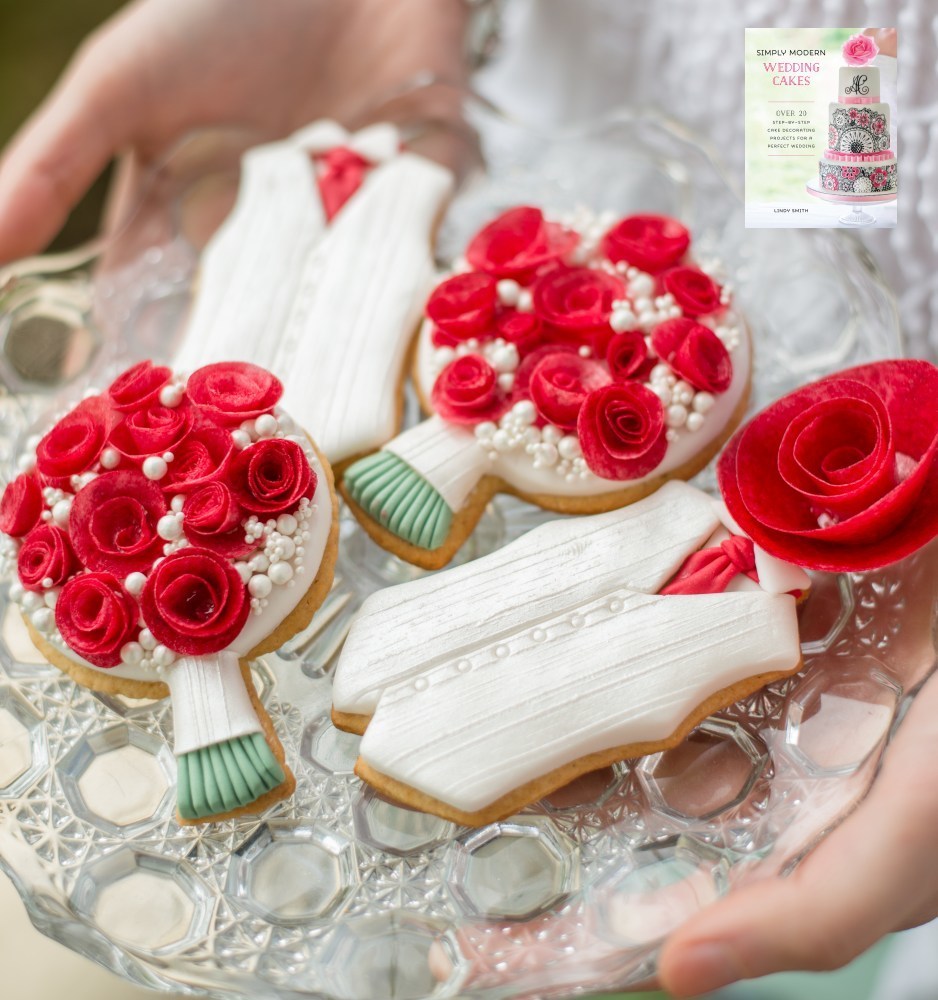 Delicate wedding favours - decorated bridal posy biscuits from Lindy Smith's 'Simply modern wedding cakes' book