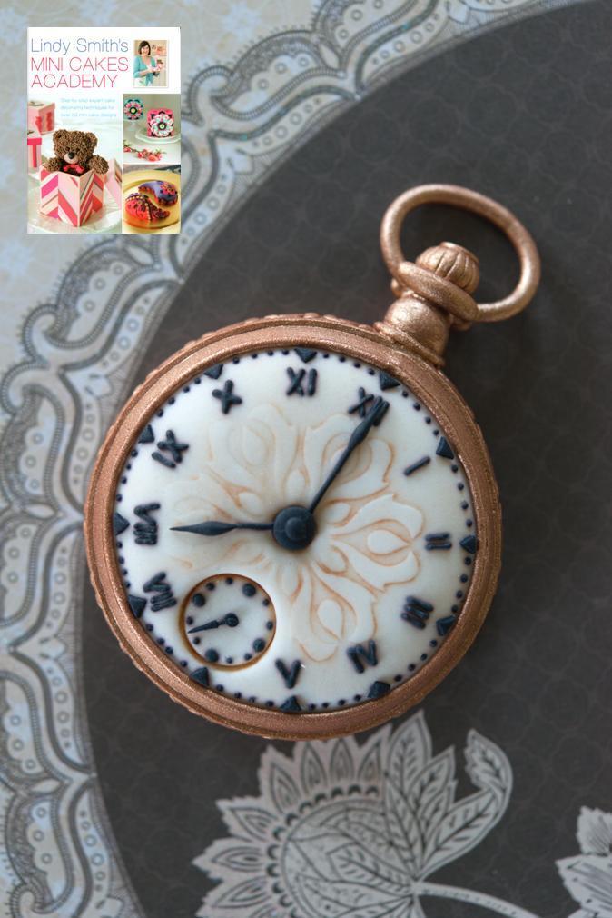 Antique pocket watch mini cake from Lindy's mini cakes academy book uses the scallop diamond cutter to mark the hours